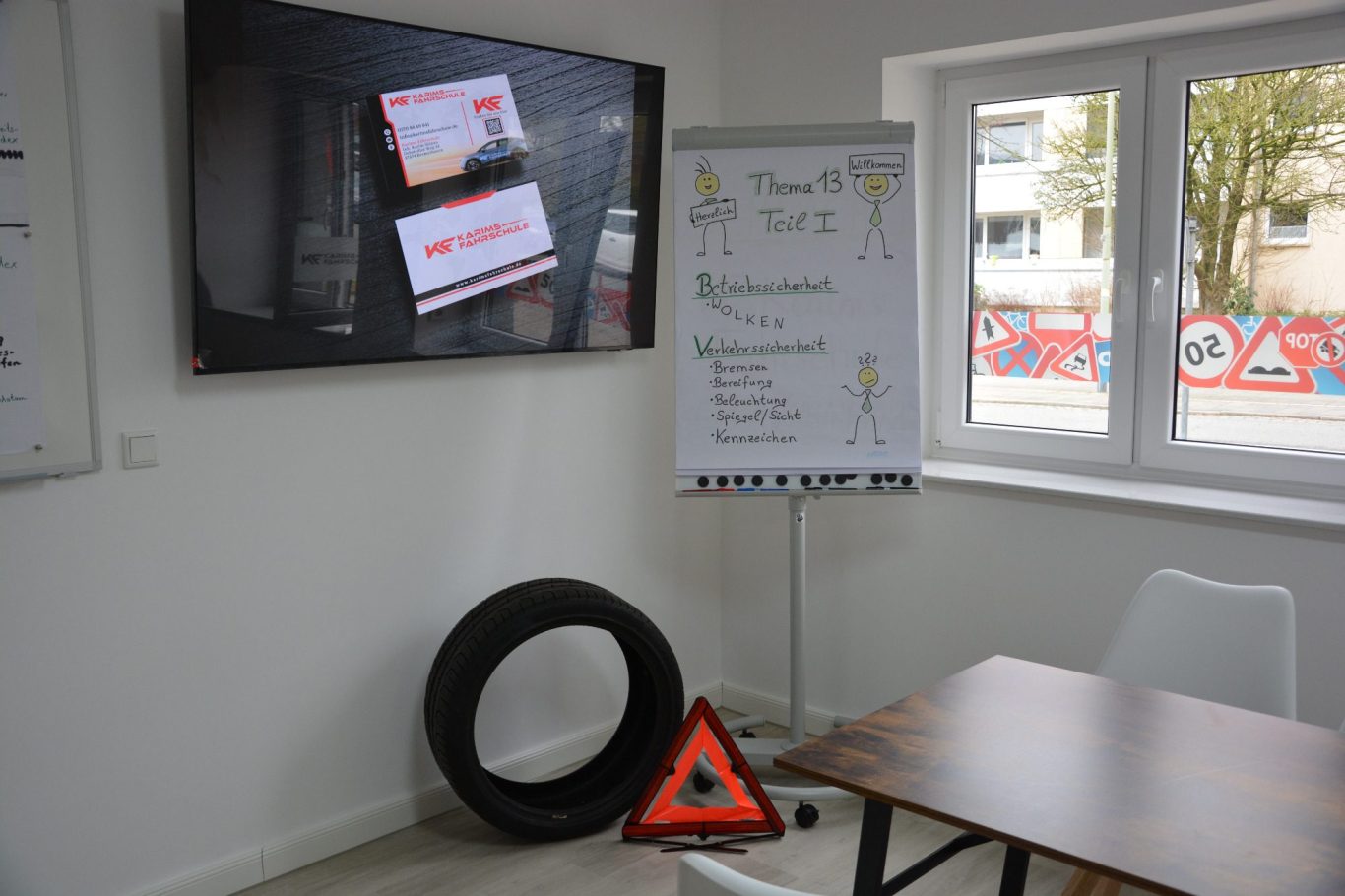 Raum mit Fernseher, Flipchart, einem Reifen und einem Warndreieck auf dem Boden.